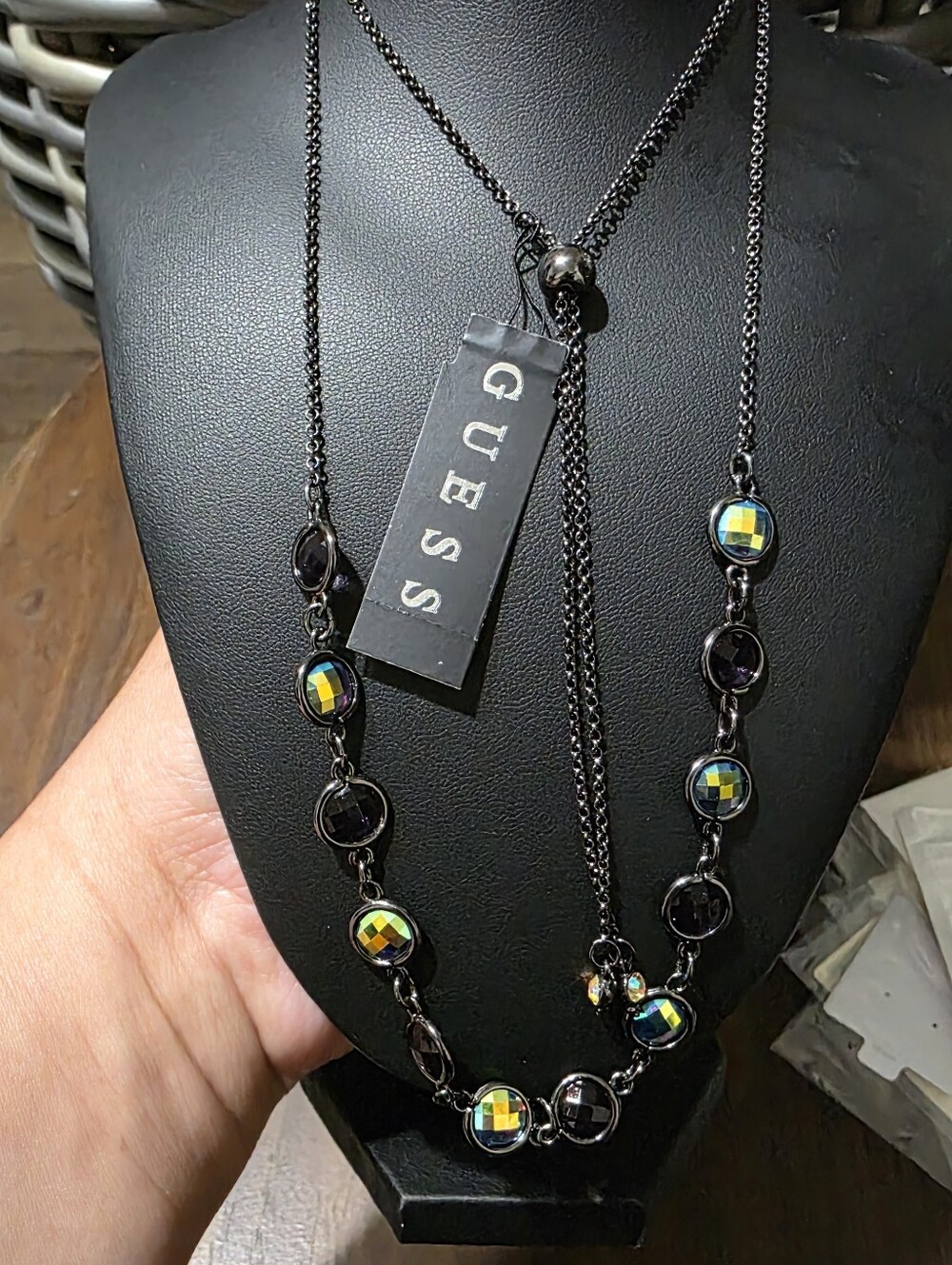 GUESS Black Chain Necklace with Multi-Color Faceted Crystal Accents